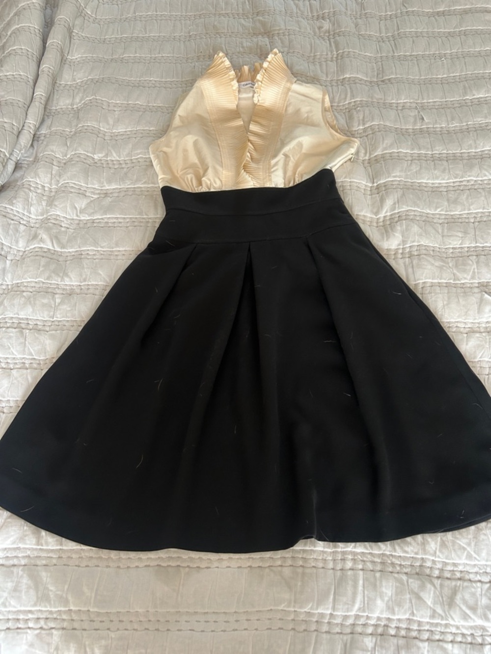 Calvin Klein Cream Satin Ruffle V-Neck Dress with Black Waistband